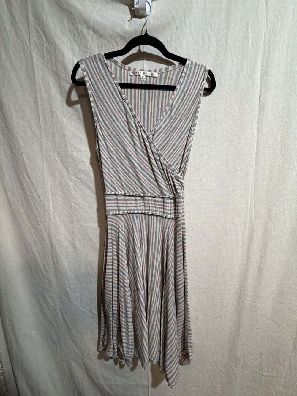 Max Studio Gray Ivory Blush Striped Sleeveless V-Neck Dress Y2K